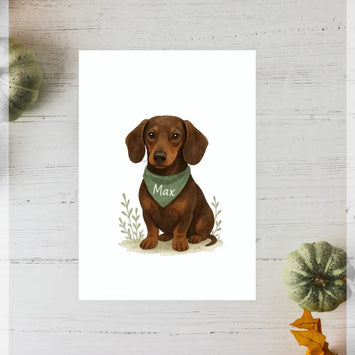 Personalised small portrait of brown dachshund Max with green bandana on recycled paper