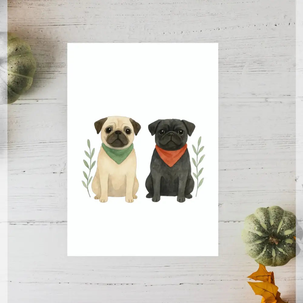 Personalised small portrait of two pugs in green and red bandanas on recycled paper