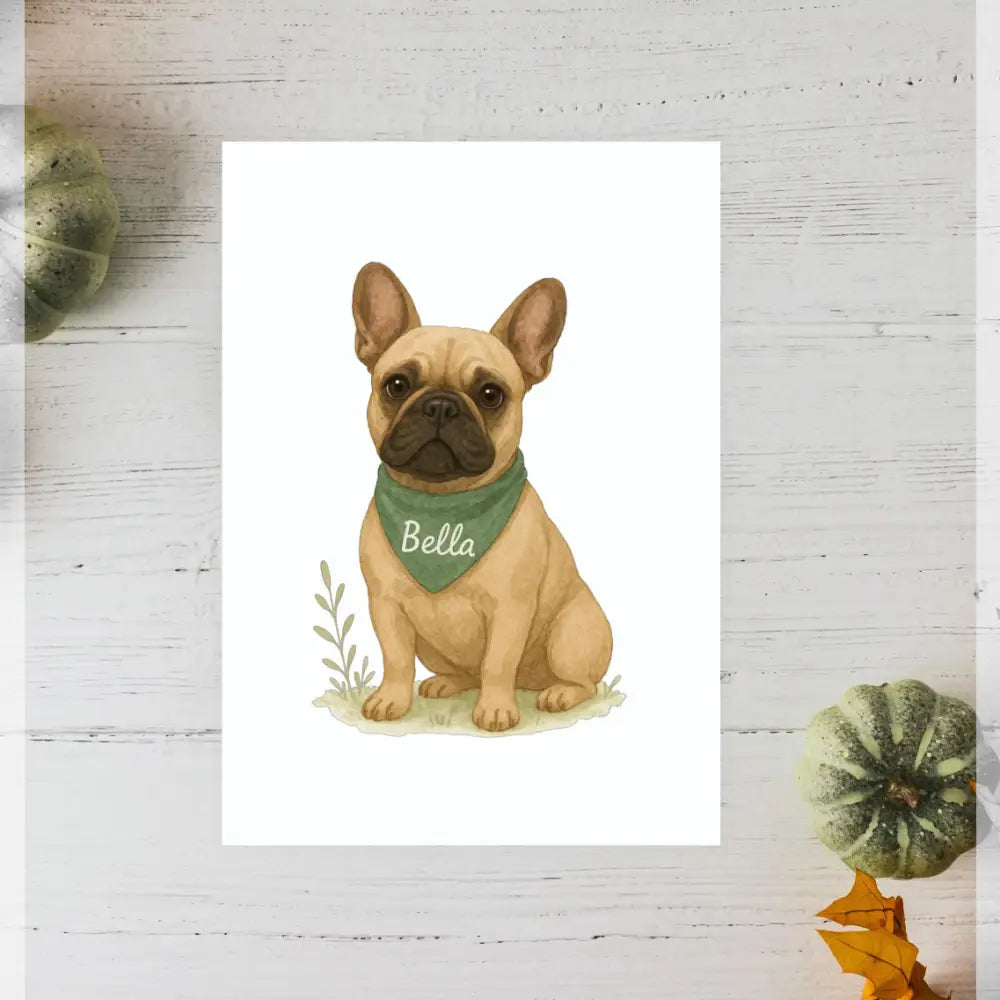Personalised small portrait of French bulldog Bella with green bandana on recycled paper
