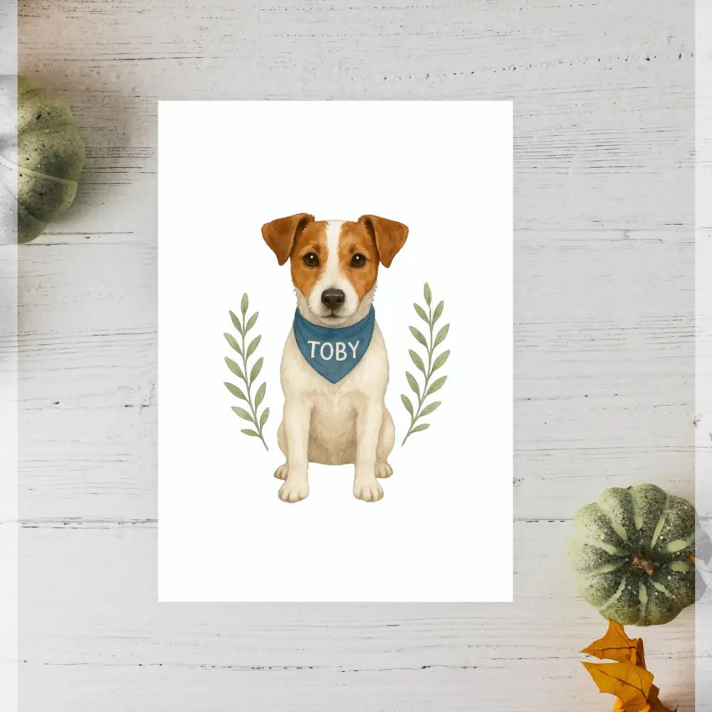 Personalised small portrait of Toby, blue bandana dog with green leaves on recycled paper