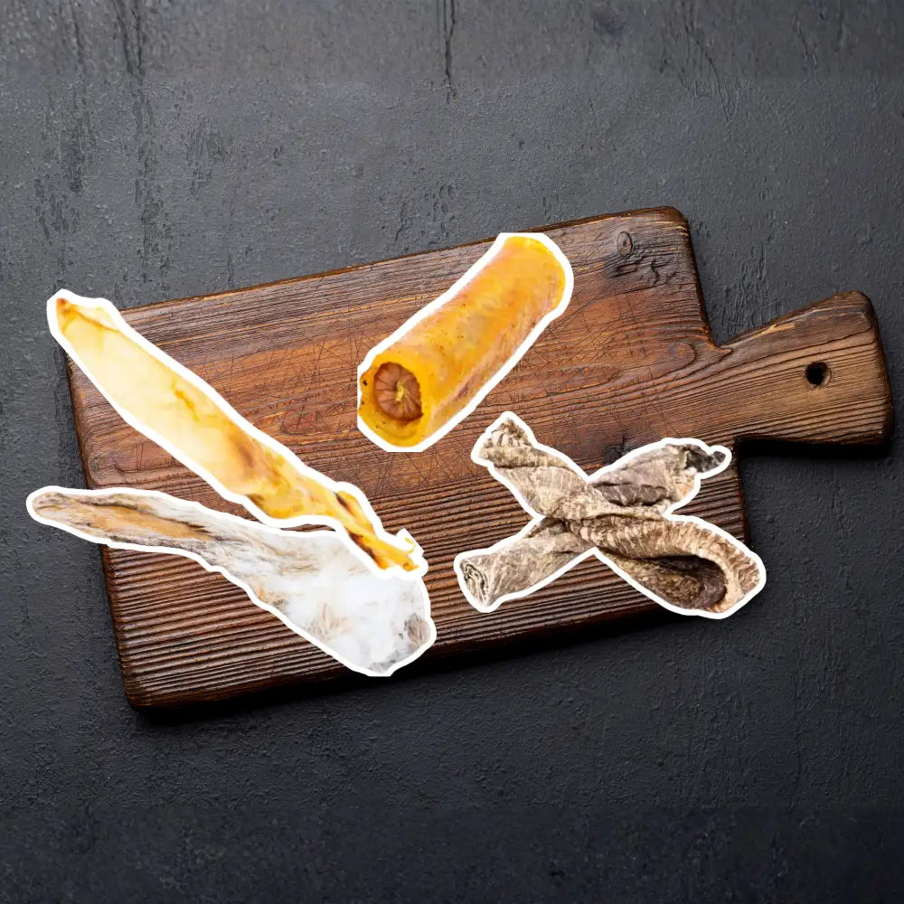 Wooden cutting board with dried meat slices from the Pick n Mix Bundle featuring rabbit ear and mix options