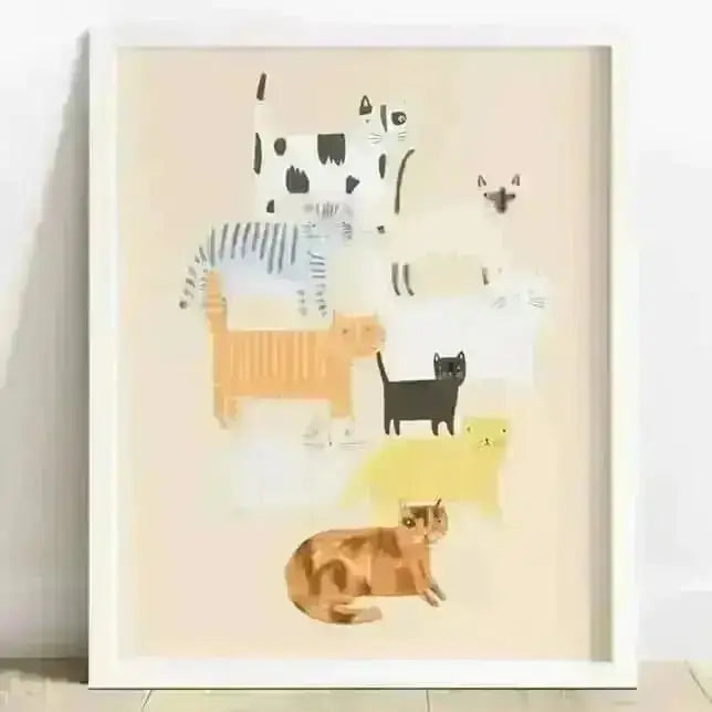 White framed Pink Cats Print A4 by Darcie Olley, beautiful print for animal lovers home