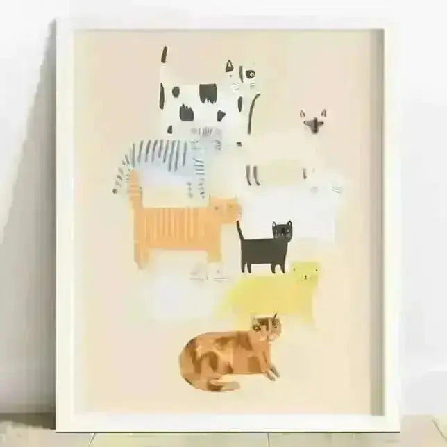 White framed Pink Cats Print A4 by Darcie Olley, beautiful print for animal lovers home