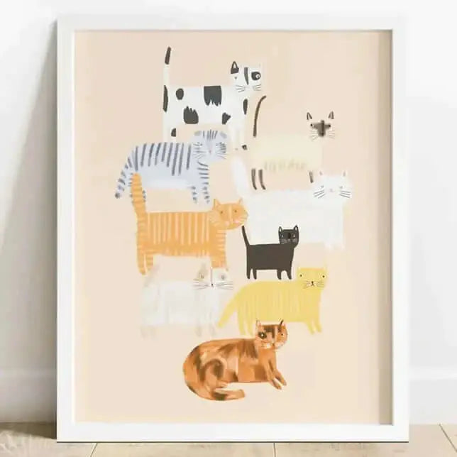 White framed Pink Cats Print A4 by Darcie Olley, beautiful print for animal lovers home