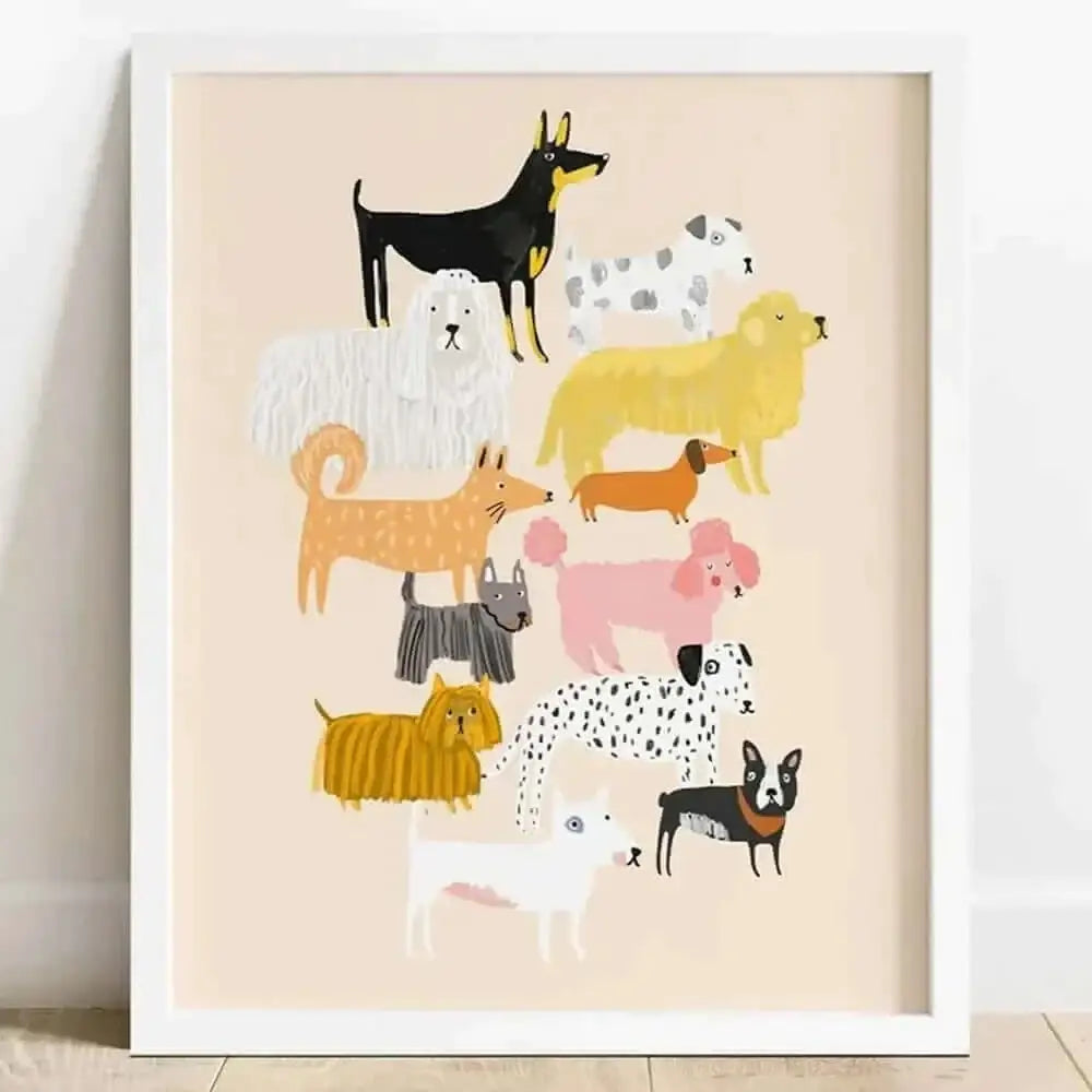 Beautiful print of colorful dogs in white frame for animal lovers home by Darcie Olley