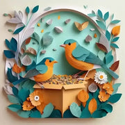 Eco-friendly paper cutout birds with orange teal plumage and floral details for wild birds