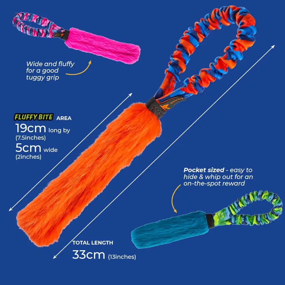 Bright orange fluffy Pocket Fauxtastic Tug dog toy with colorful elastic handle