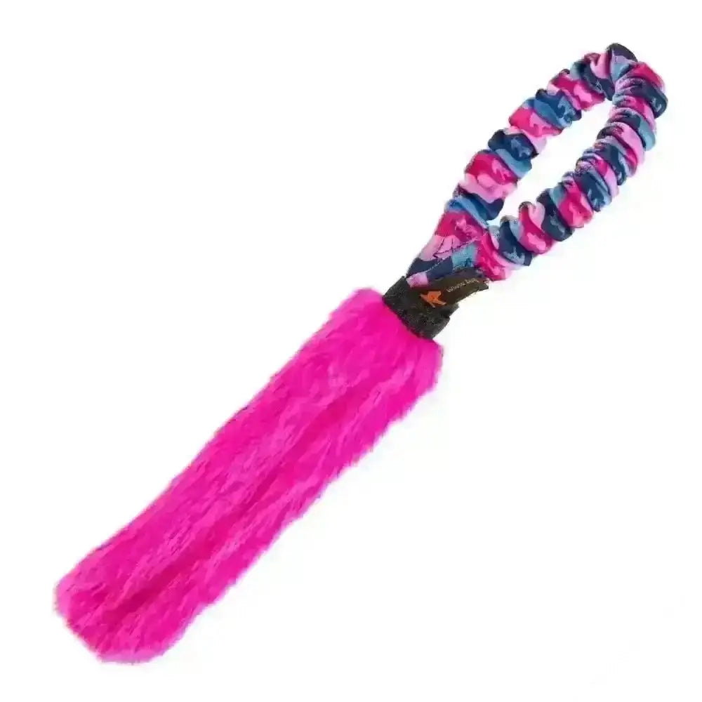 Bright pink fuzzy Pocket Fauxtastic Tug toy with multicolored handle