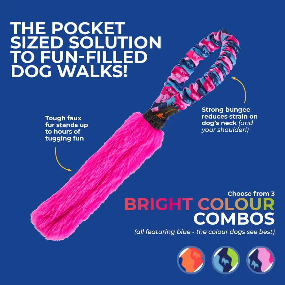 Pocket Fauxtastic Tug pink blue dog toy with faux fur tail