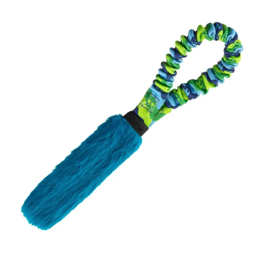Pocket Fauxtastic Tug blue fuzzy dog toy with green blue handle