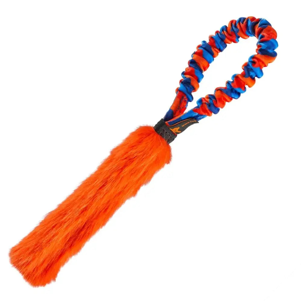 Vibrant orange and blue Pocket Fauxtastic Tug dog toy with fluffy tail