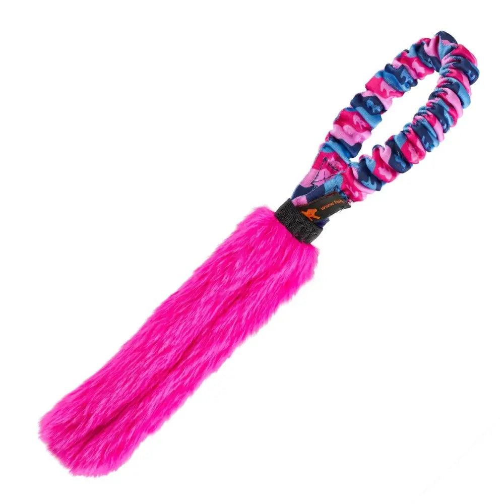 Bright pink fuzzy Pocket Fauxtastic Tug toy with multicolored handle