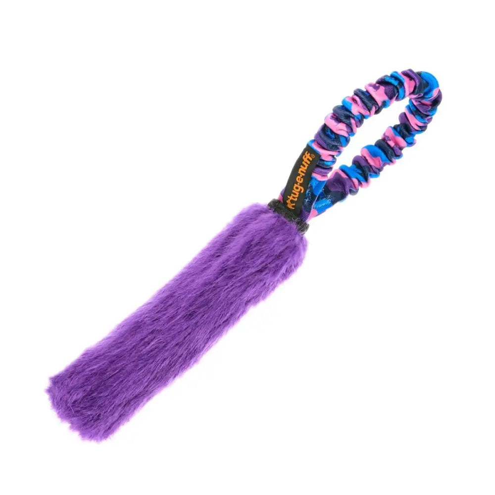 Purple fuzzy dog toy with colorful elastic handle for Pocket Fauxtastic Tug