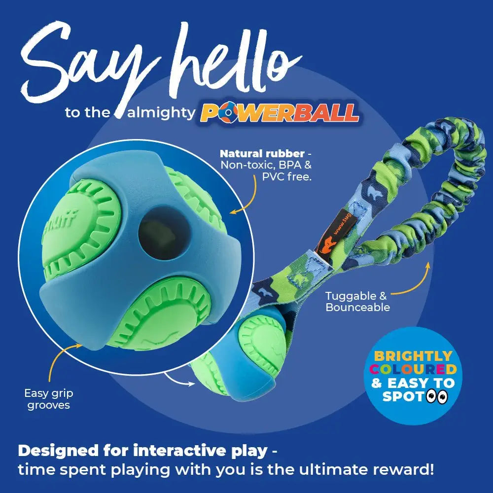 Bright green and blue Pocket PowerBall Bungee Tug toy burns energy