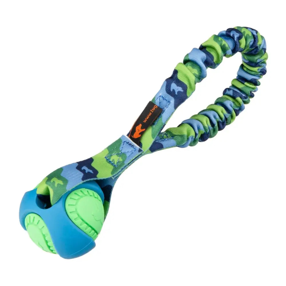Blue and green camo Pocket PowerBall Bungee Tug dog toy burns energy
