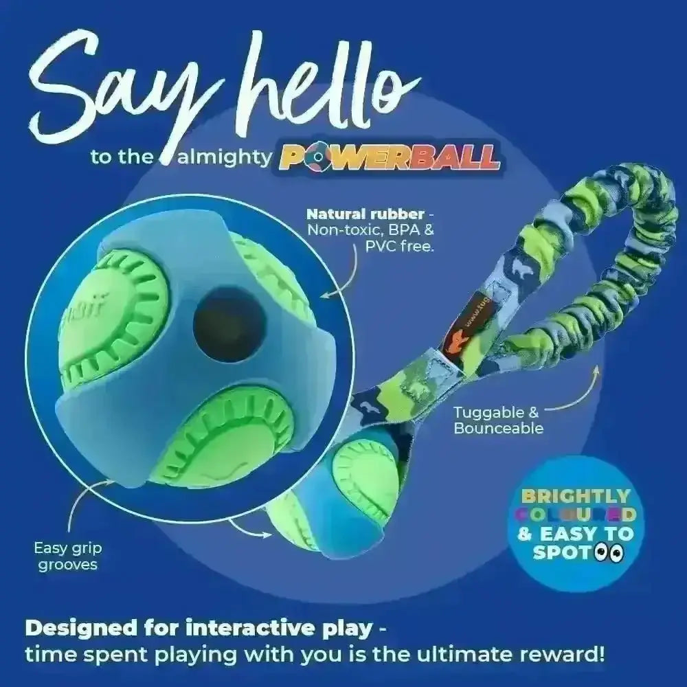 Bright green and blue Pocket PowerBall Bungee Tug toy burns energy