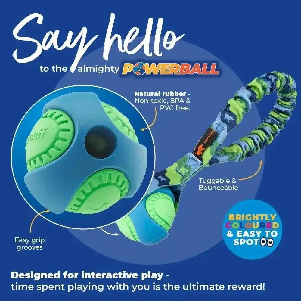Bright green and blue Pocket PowerBall Bungee Tug toy burns energy