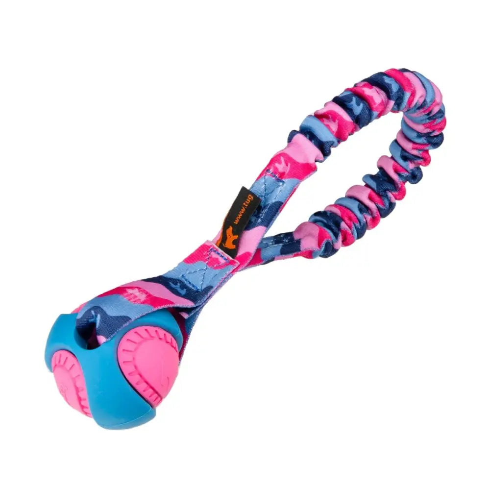 Pink and blue camo elastic dog toy Pocket PowerBall Bungee Tug burns energy