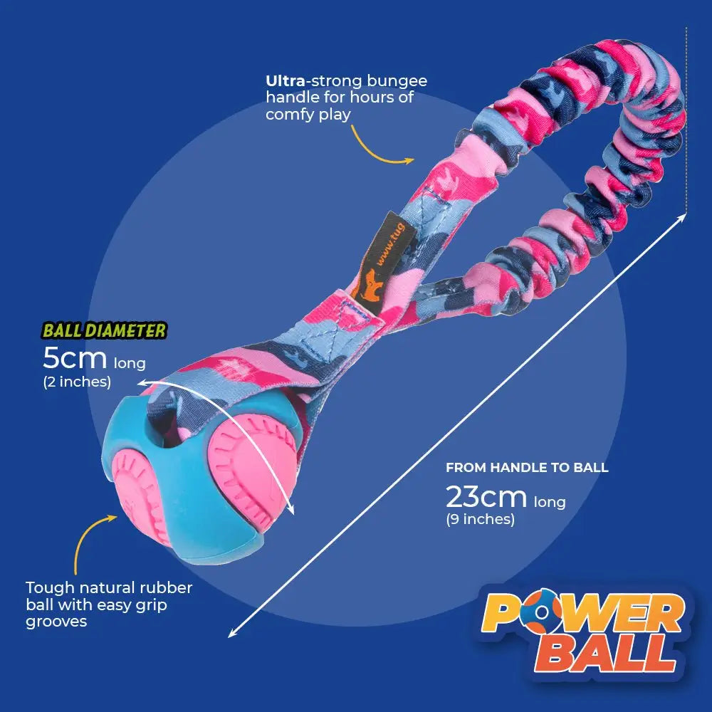 Vibrant pink blue camo bungee dog toy with rubber ball burns energy