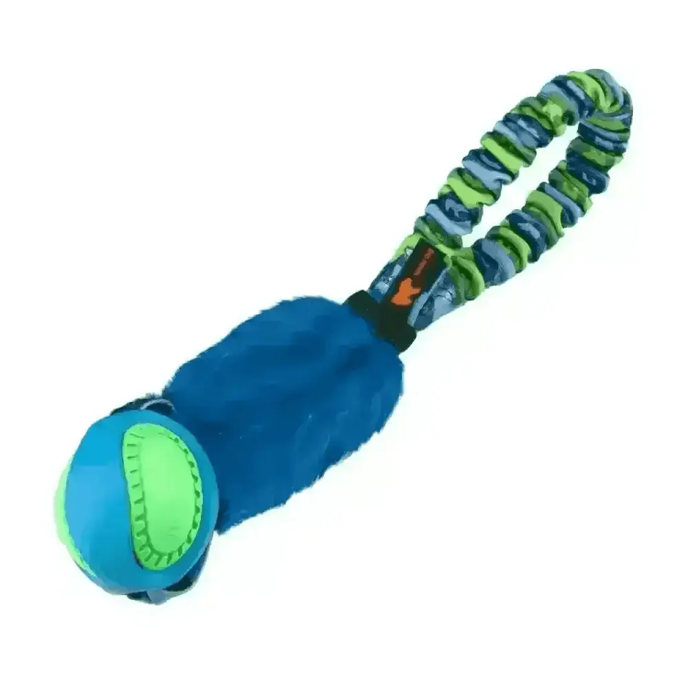 Blue and green plush Pocket PowerBall Fauxtastic dog toy with rubber ball