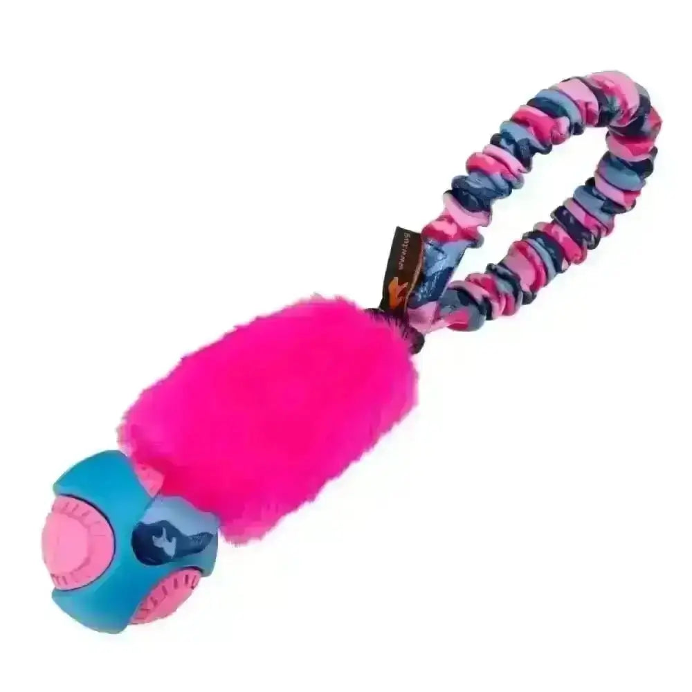 Bright pink fuzzy Pocket PowerBall Fauxtastic dog toy with ball and loop