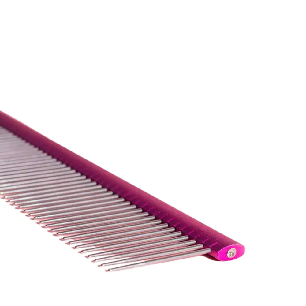 Magenta Furminator grooming comb with metallic teeth for Pomeranian detangling