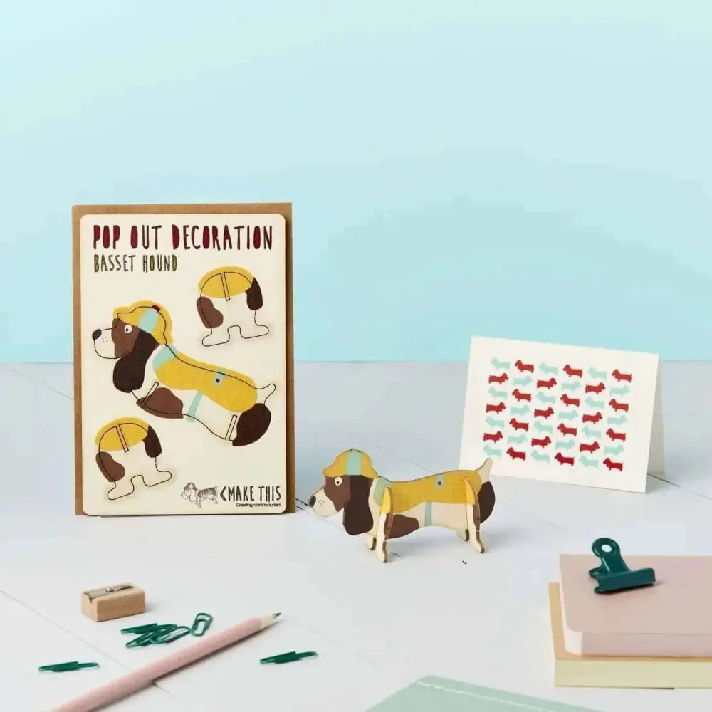 3D Pop Out Basset Hound Greeting Card with Yellow Brown Fur and Hat