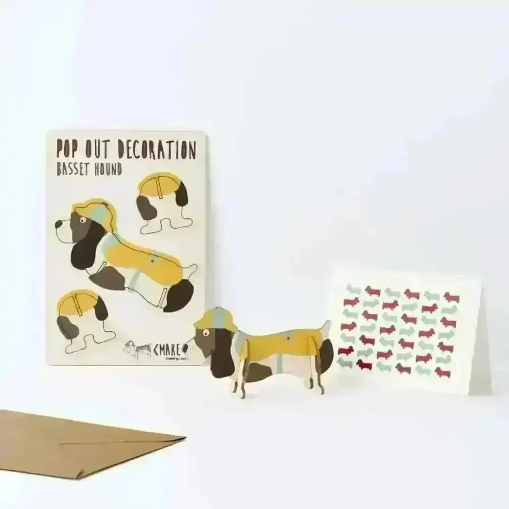 3D yellow and brown basset hound greeting card with hat
