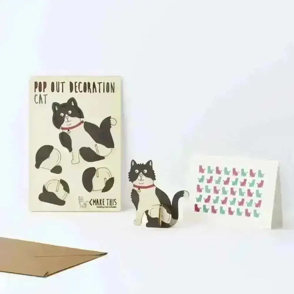 Pop-out black and white cat greeting card kit with pink collar