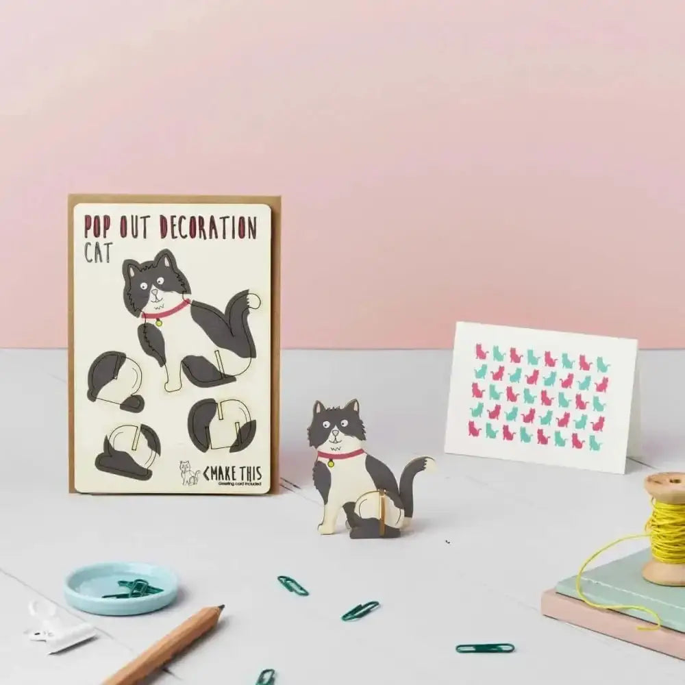 Pop Out Black and White Cat Greeting Card Kit with Wooden Base
