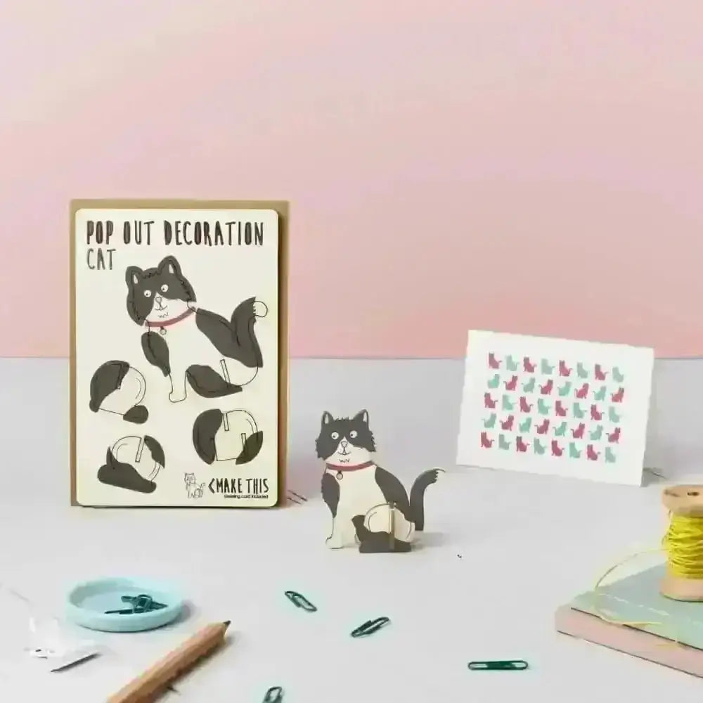 Pop Out Black and White Cat Greeting Card Kit with Wooden Base
