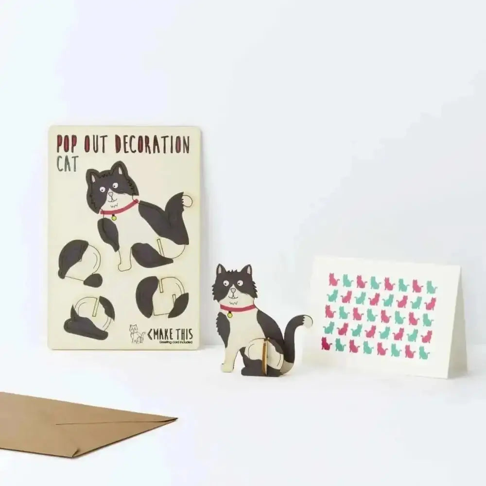 Pop-out black and white cat greeting card kit with pink collar