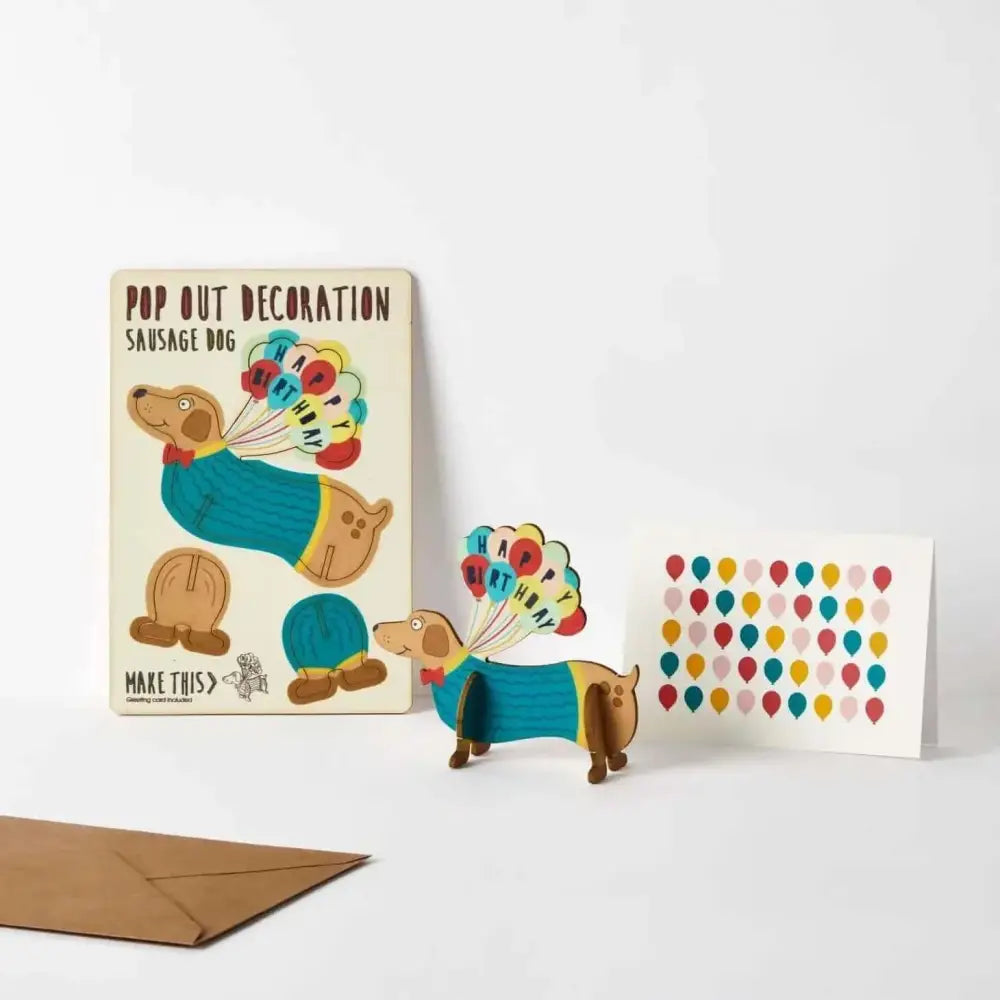 Pop Out Happy Birthday Sausage Dog Card with colorful balloon design