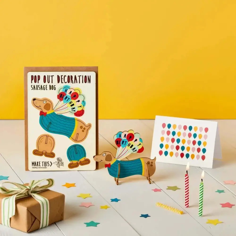 Pop Out Happy Birthday Sausage Dog Card with Balloon Design in Brown Box