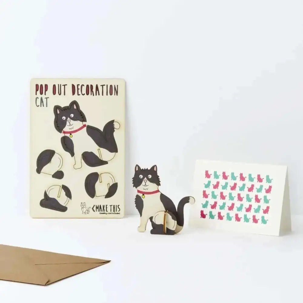 Pop-out black and white cat greeting card kit with pink collar