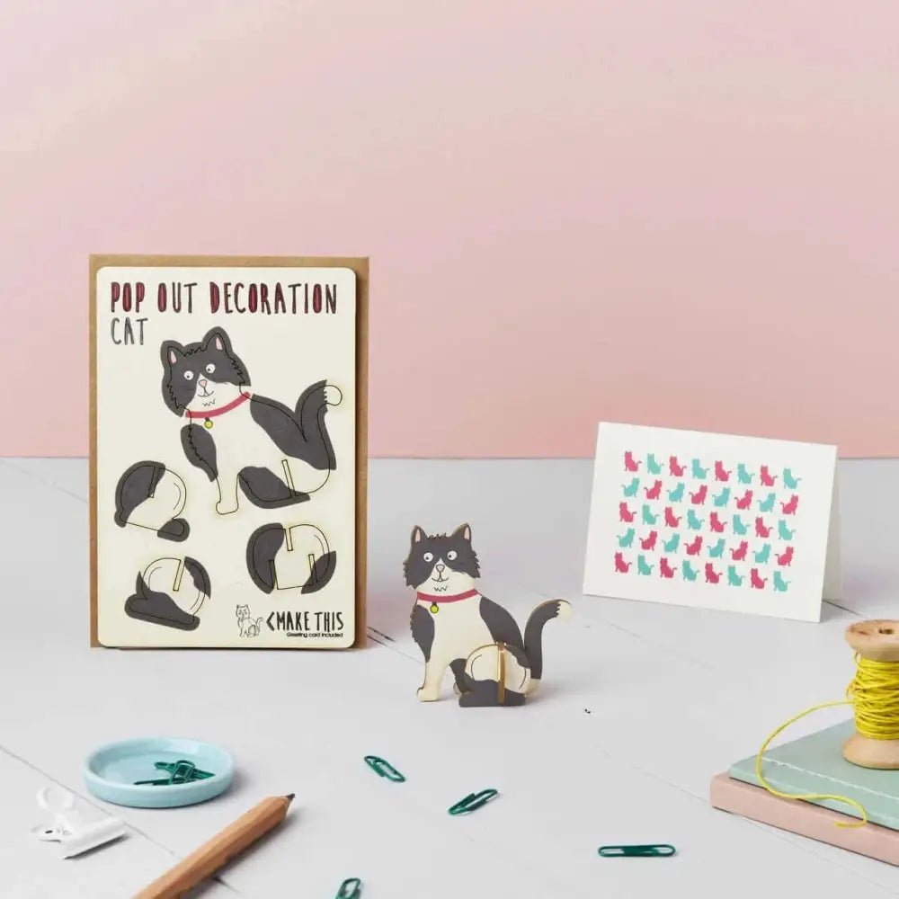 Pop Out Black and White Cat Greeting Card Kit with Wooden Base