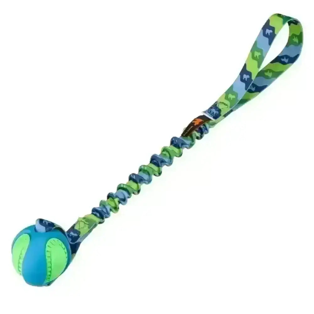 PowerBall Bungee blue and green dog ball toy with stretchy leash