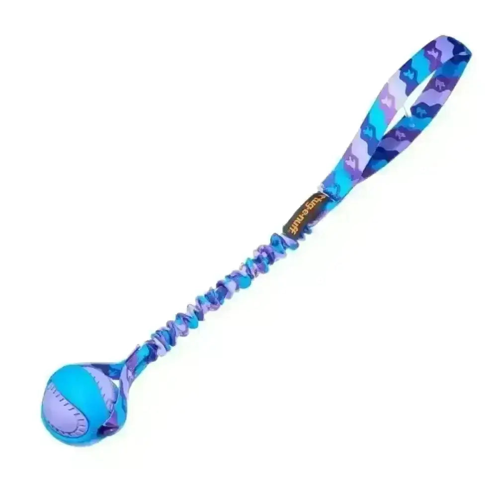 PowerBall Bungee blue purple camo dog ball toy with textured end and elastic handle