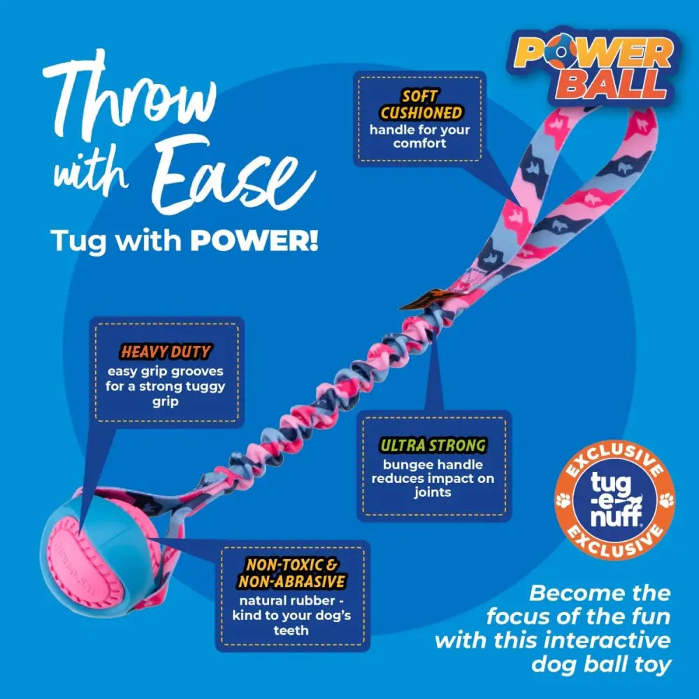 Pink navy PowerBall Bungee dog ball toy with rubber ball and bungee grip