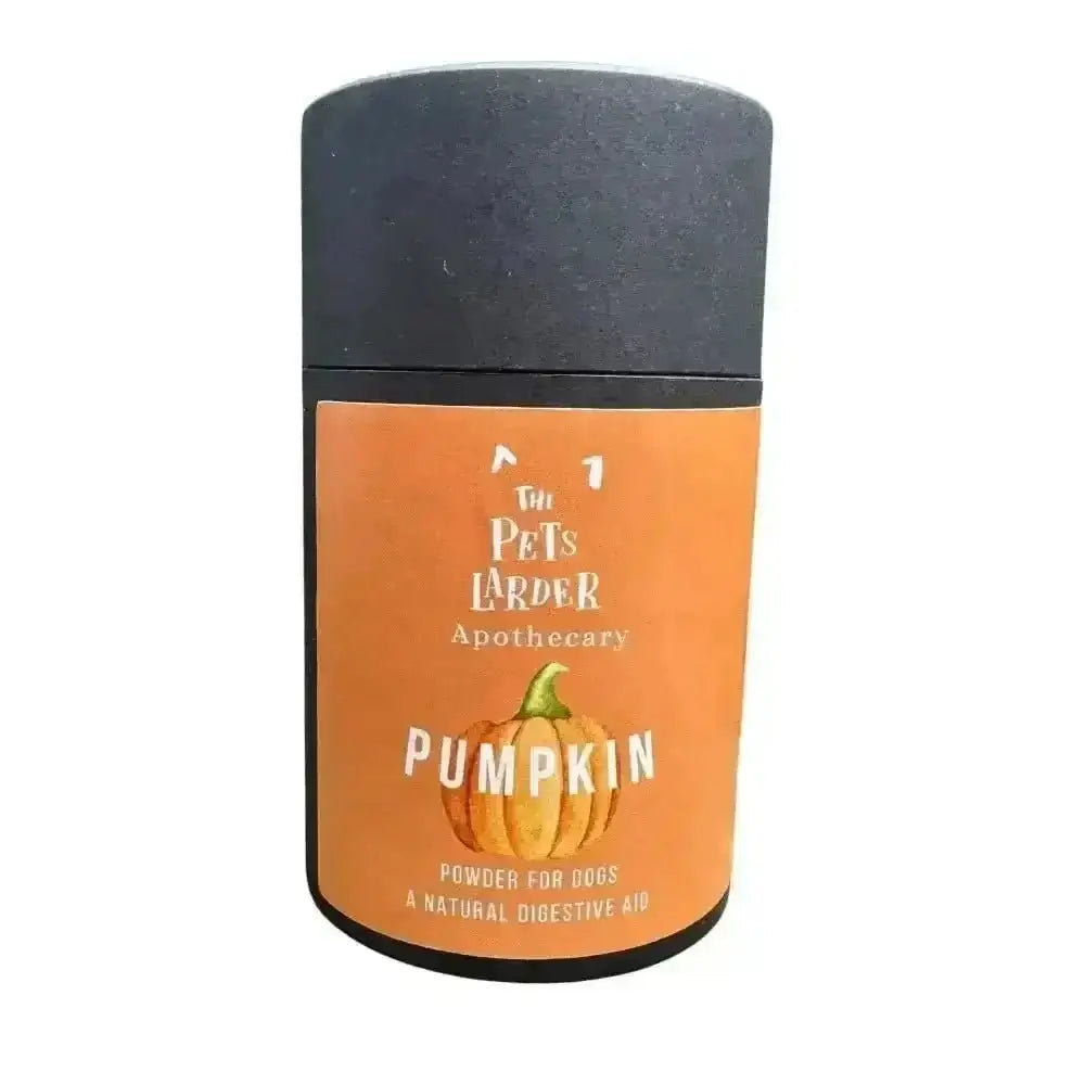 Orange pumpkin powder container with black lid, supporting dogs’ digestive health and bowel movements