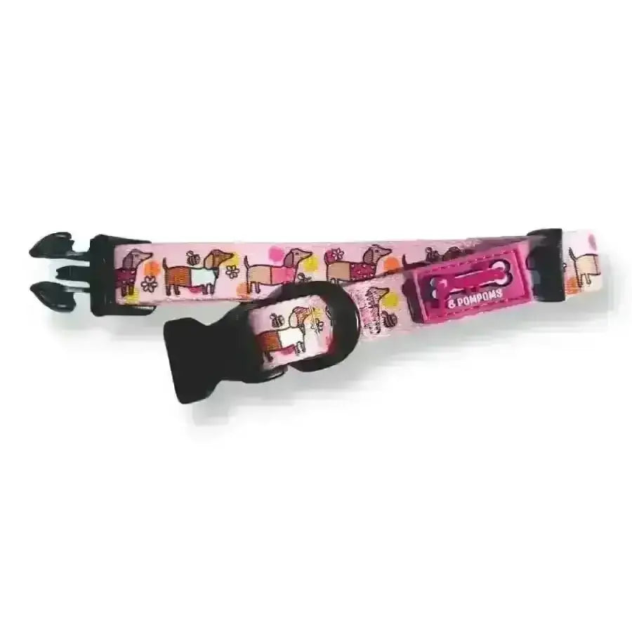 Pink Bee Happy Dachshunds pom poms dog collar with adjustable buckle