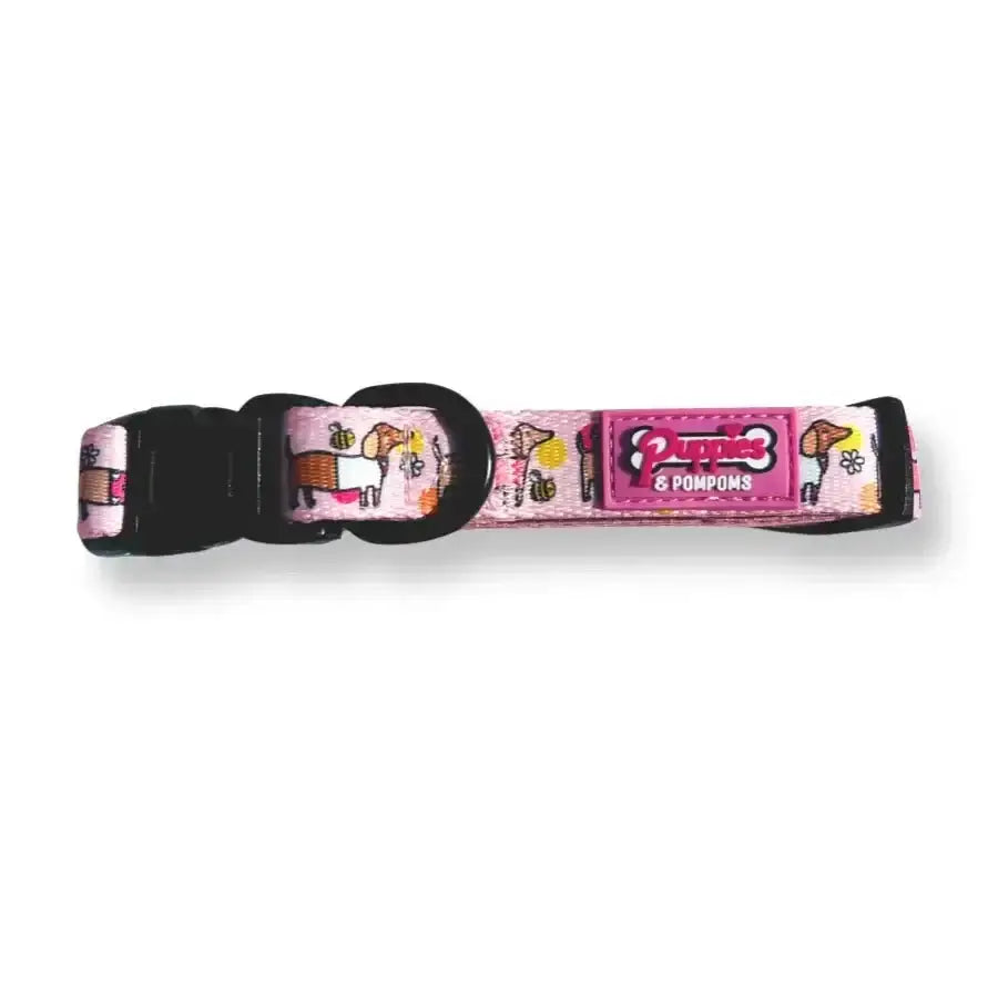Pink and white horse-themed pom poms dog collar by Bee Happy Dachshunds