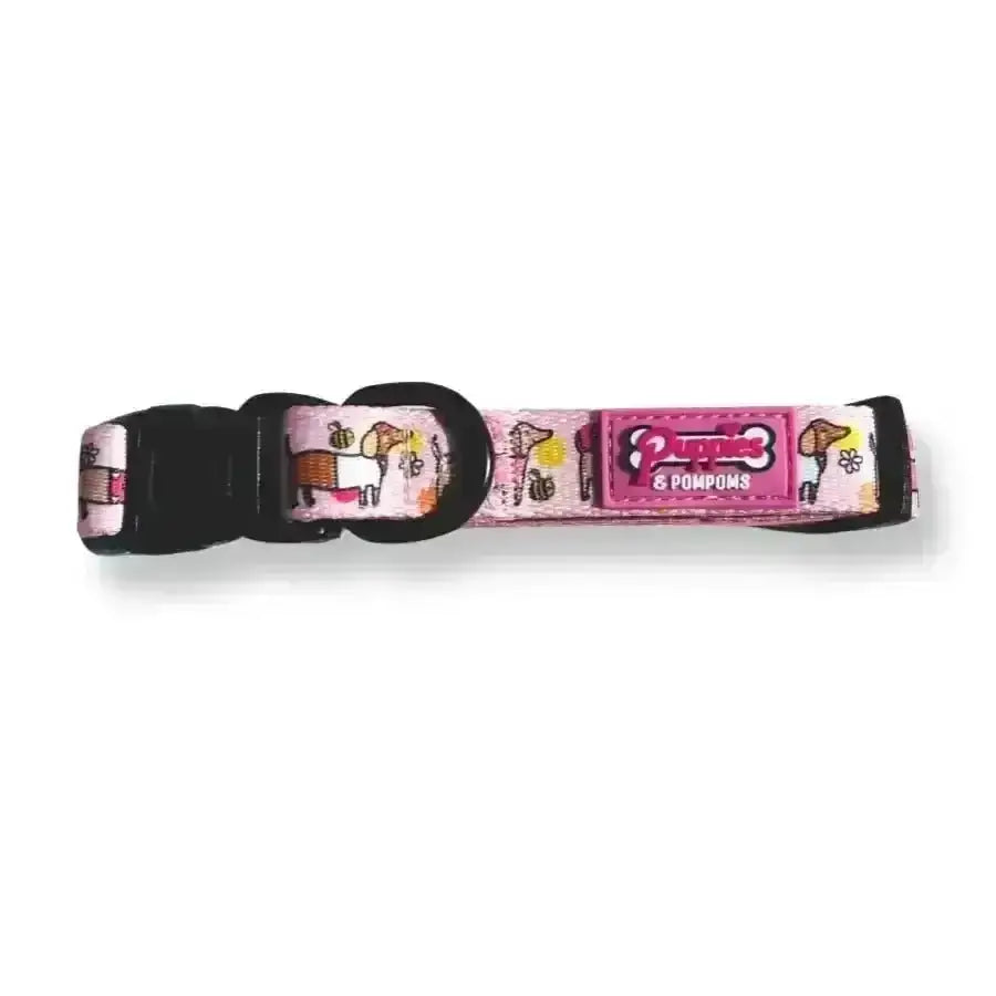 Pink and white horse-themed pom poms dog collar by Bee Happy Dachshunds