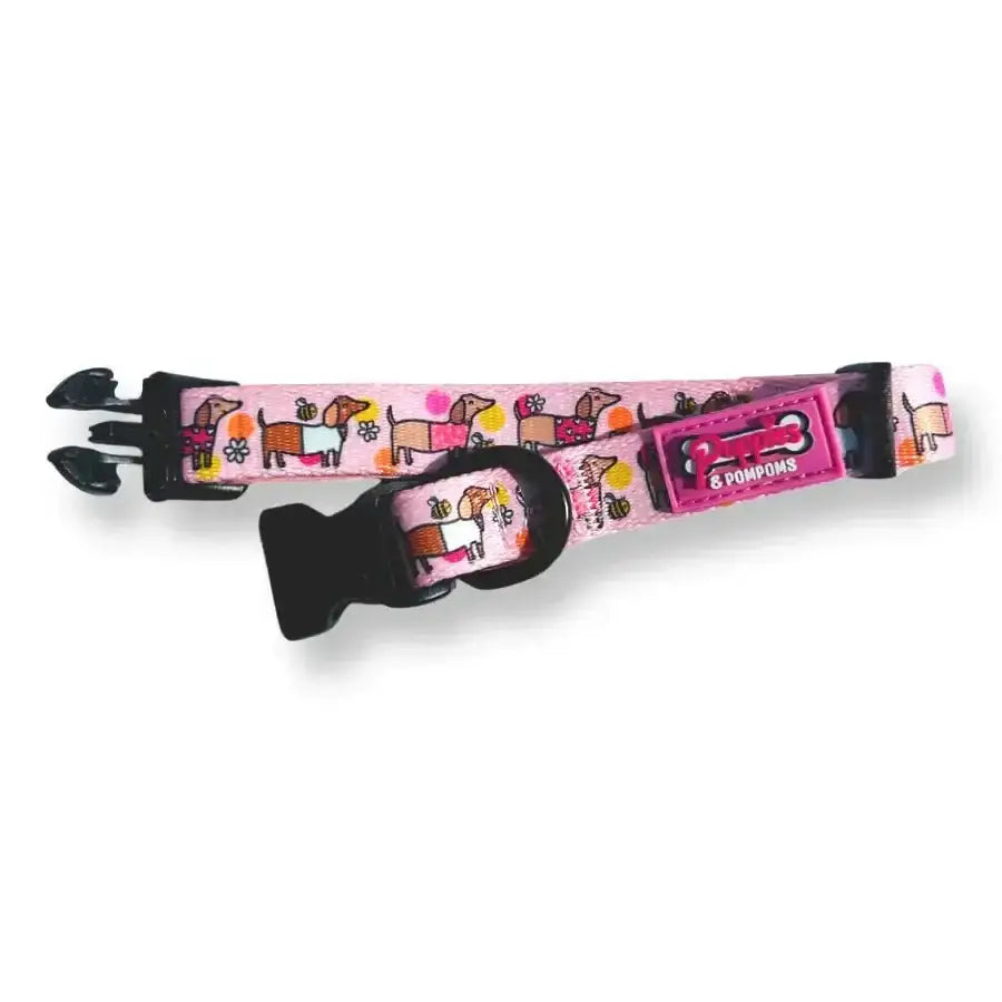 Pink Bee Happy Dachshunds pom poms dog collar with adjustable buckle