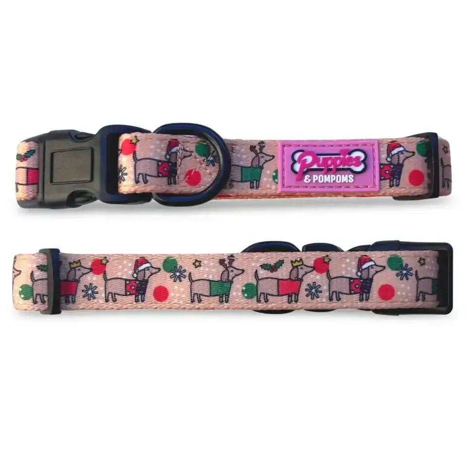 Pink Poms Dog Collar with Christmas Dachshunds and Premium Padded Neoprene