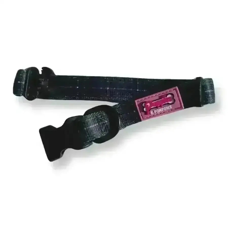 Poms dog collar in Cornish hunting tartan with pink plaid, adjustable buckle, pom pom logo