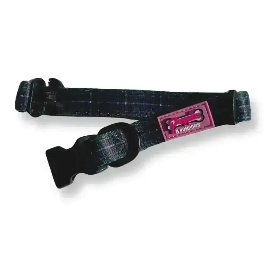 Poms dog collar in Cornish hunting tartan with pink plaid, adjustable buckle, pom pom logo