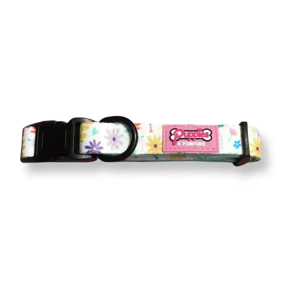 Premium padded neoprene Poms dog collar in Ditsy Sprinkles floral print with black buckle and pink bone tag