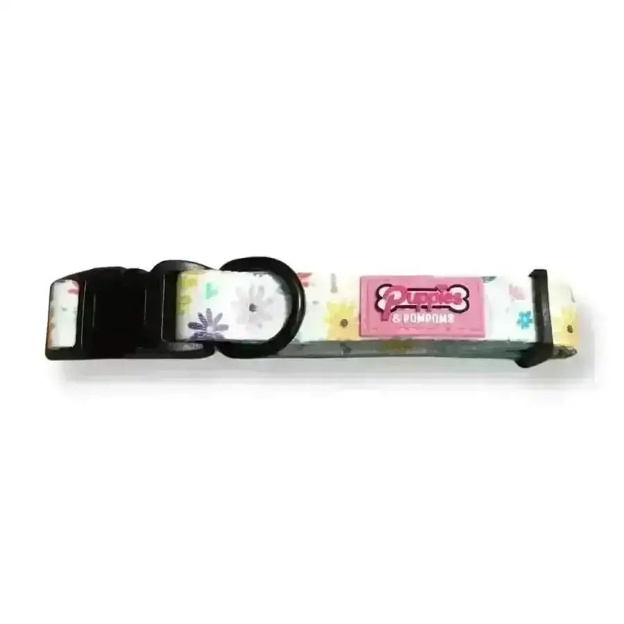 Premium padded neoprene Poms dog collar in Ditsy Sprinkles floral print with black buckle and pink bone tag
