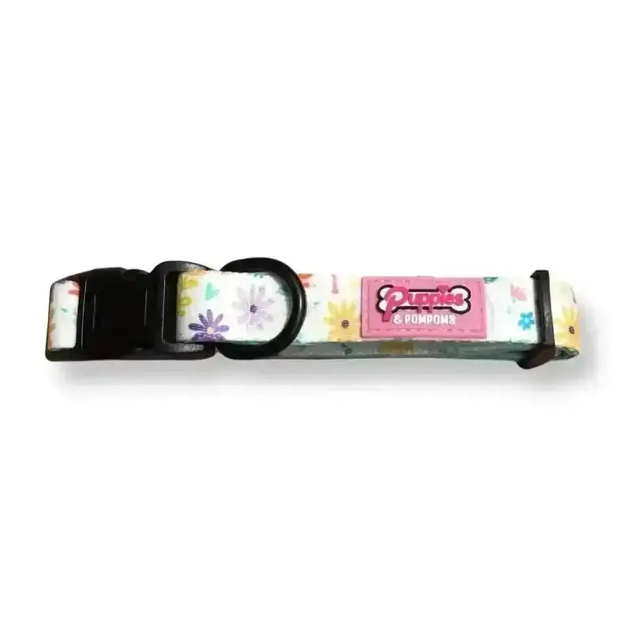 Premium padded neoprene Poms dog collar in Ditsy Sprinkles floral print with black buckle and pink bone tag